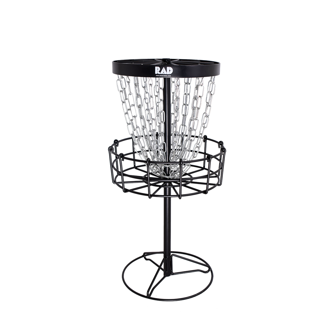 RAD PAR Mini Disc Golf Basket with black metal frame, hanging chains and compact freestanding base on a white background.