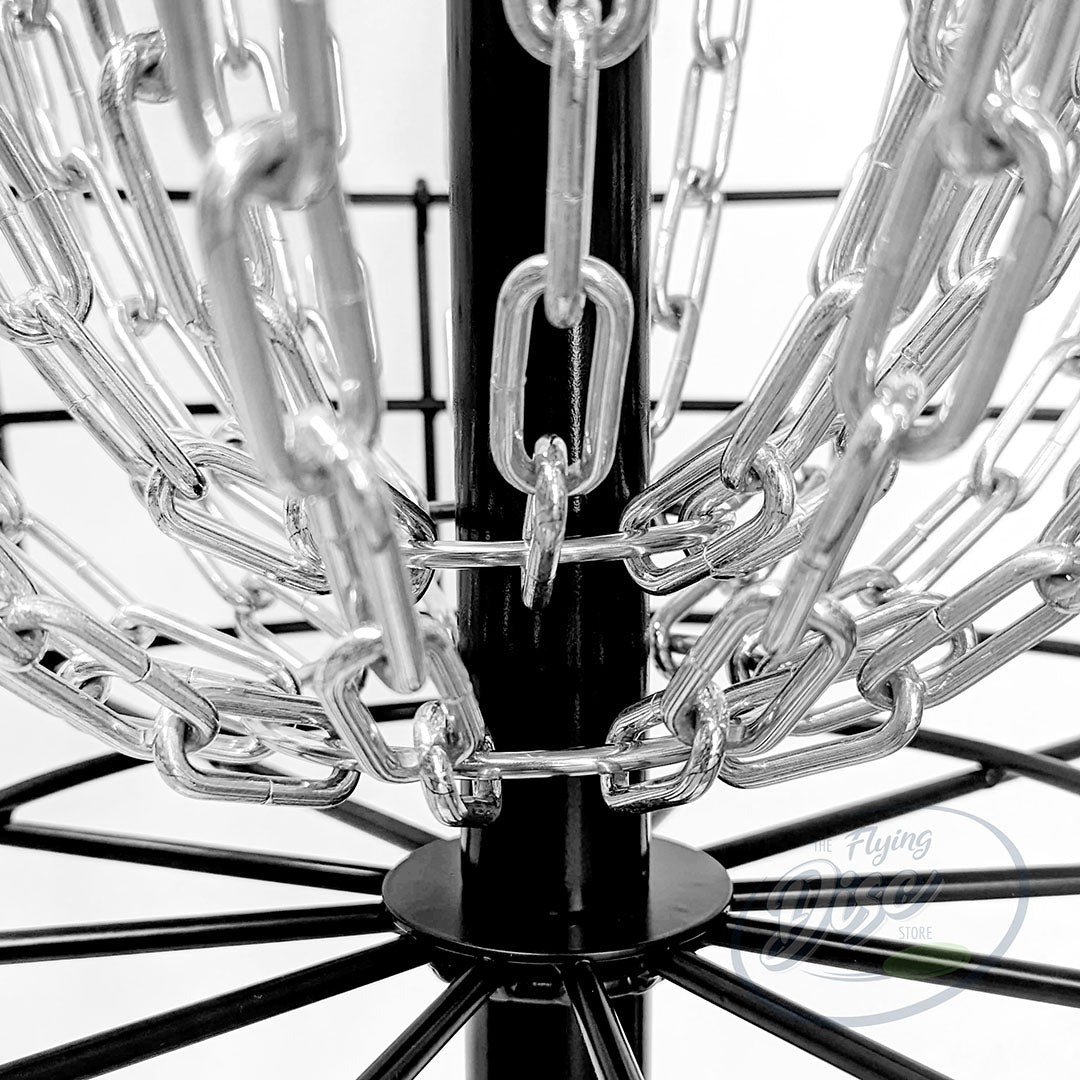 Close-up of the RAD Birdie Lite disc golf basket lower chain support and central pole connection.