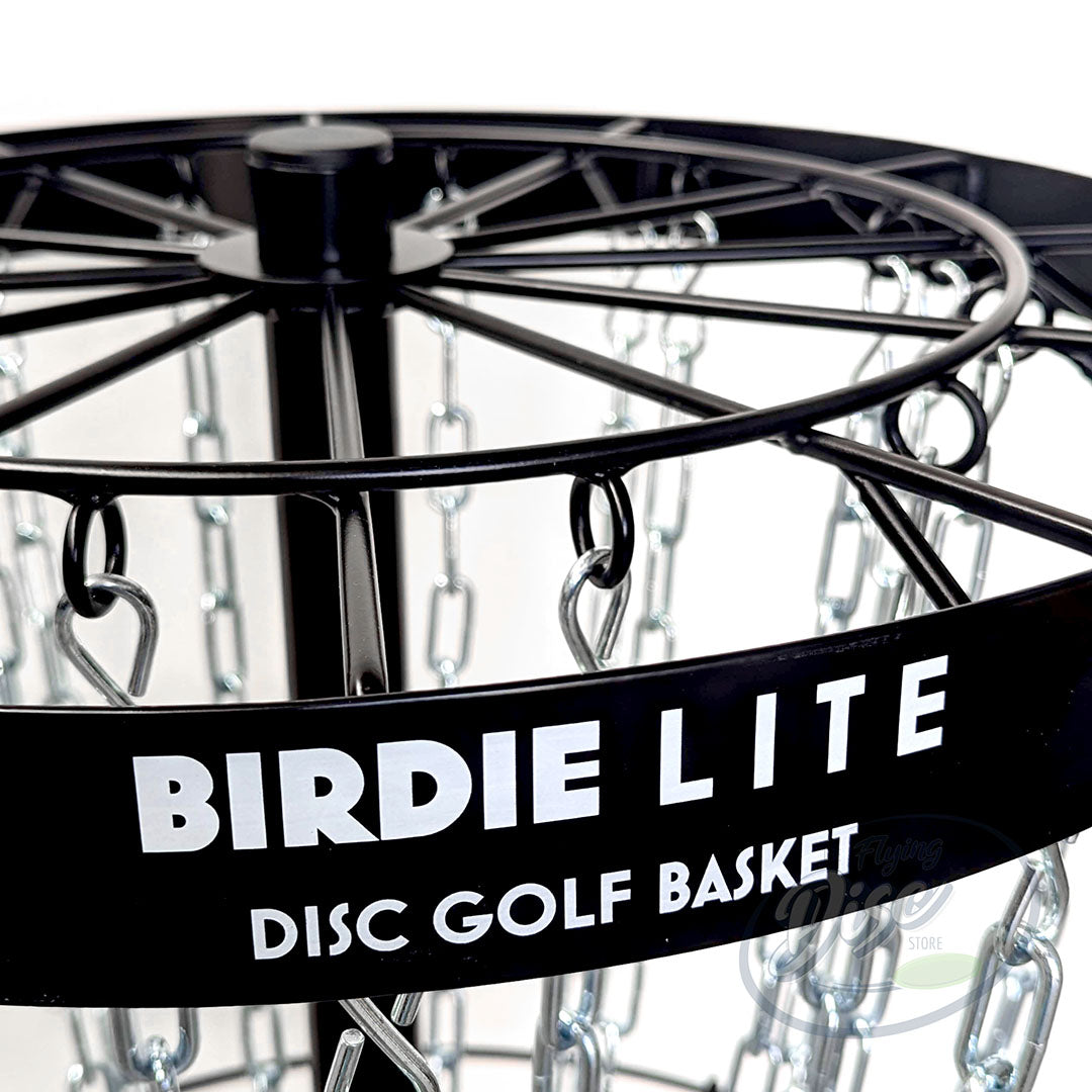 Angled close-up of the RAD Birdie Lite disc golf basket top ring and chain assembly.