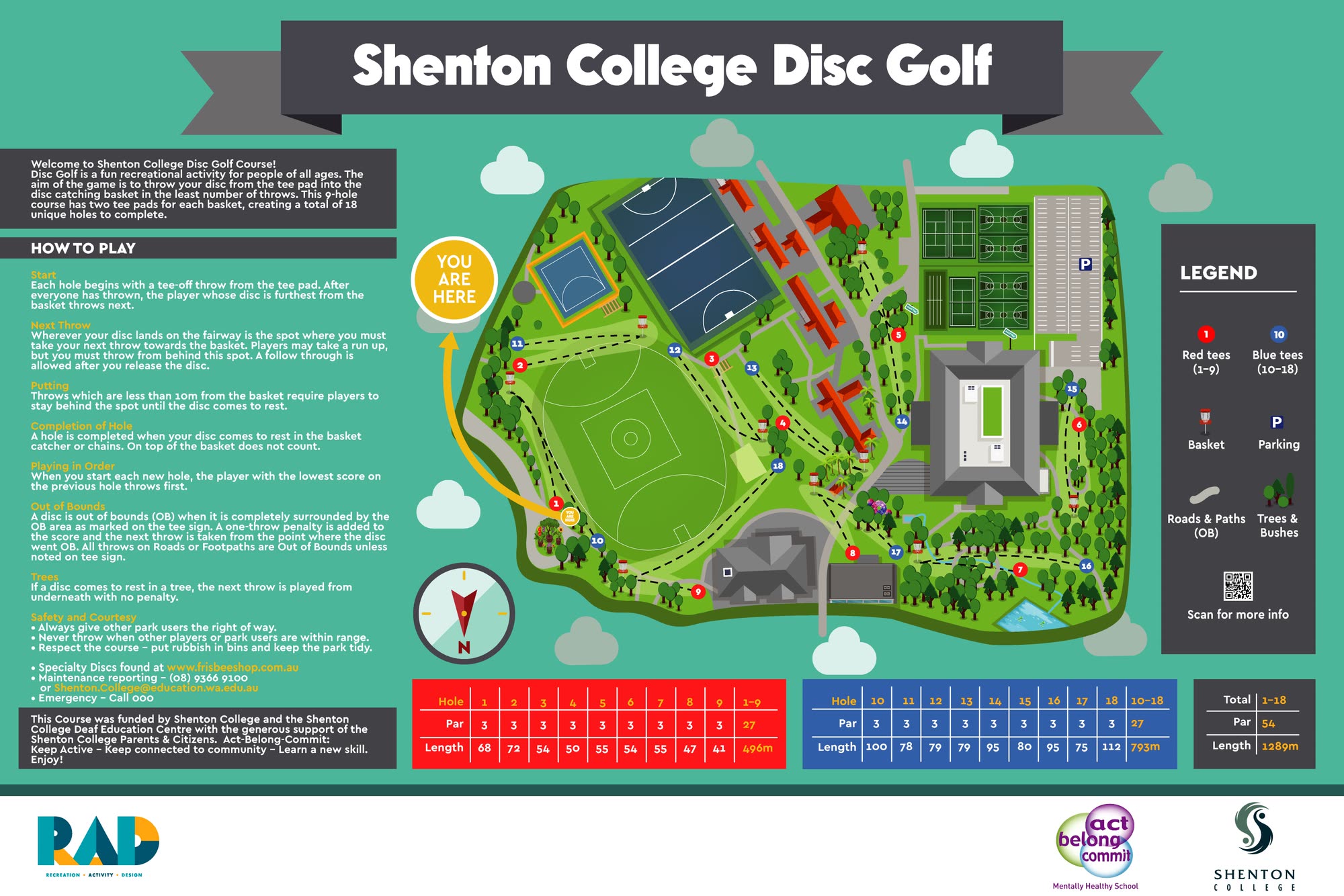 Shenton College Disc Golf Course map showing the 18-hole layout, red and blue tee positions, baskets, school buildings, sports facilities, paths, parking and course rules.