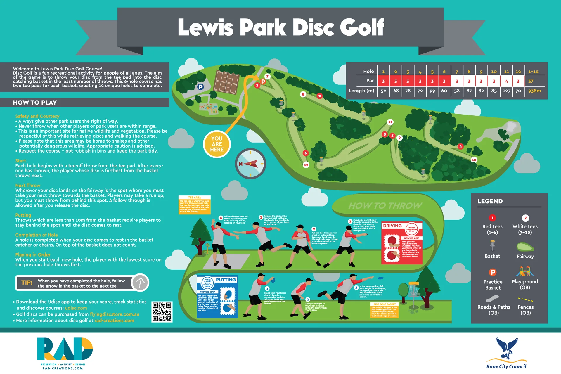 Lewis Park Disc Golf Course map showing the 12-hole layout, red and white tee areas, baskets, fairways, practice basket, playground, paths and course instructions.