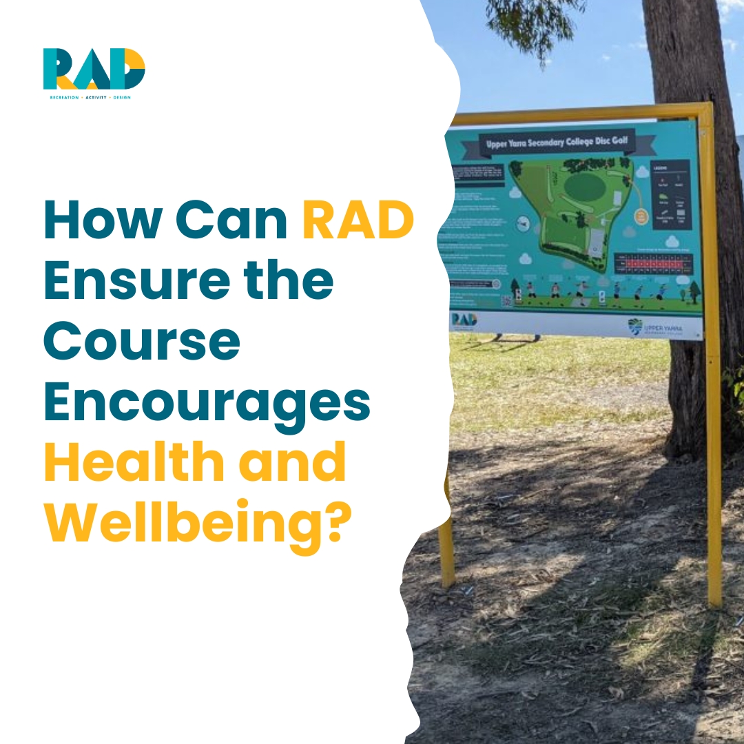 RAD card asking how RAD ensures a course encourages health and wellbeing, showing a school course information board on a yellow frame.
