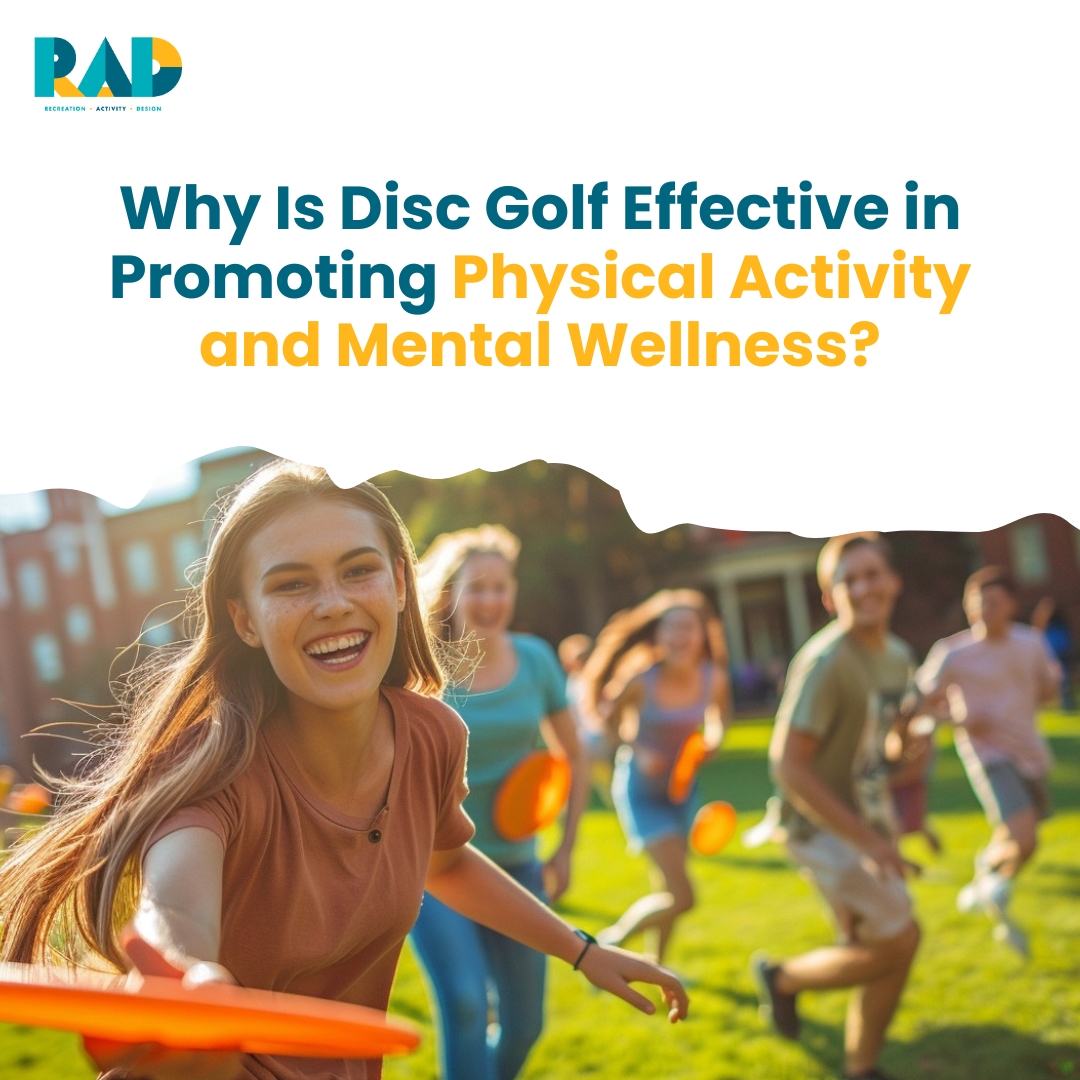 RAD card asking why disc golf is effective in promoting physical activity and mental wellness, showing a smiling young woman throwing an orange disc.
