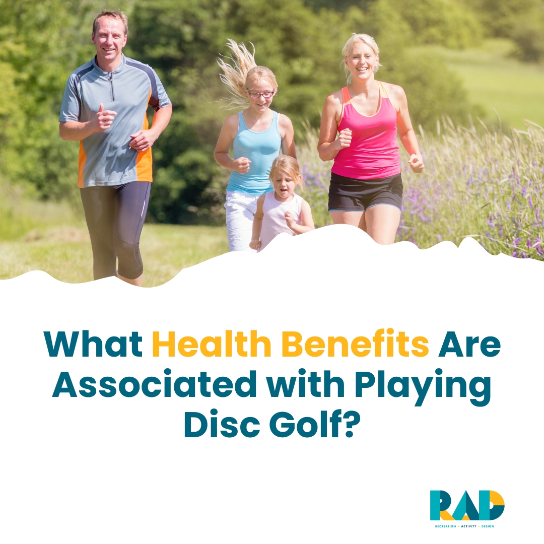 RAD card asking what health benefits are associated with playing disc golf, showing a family jogging together outdoors.