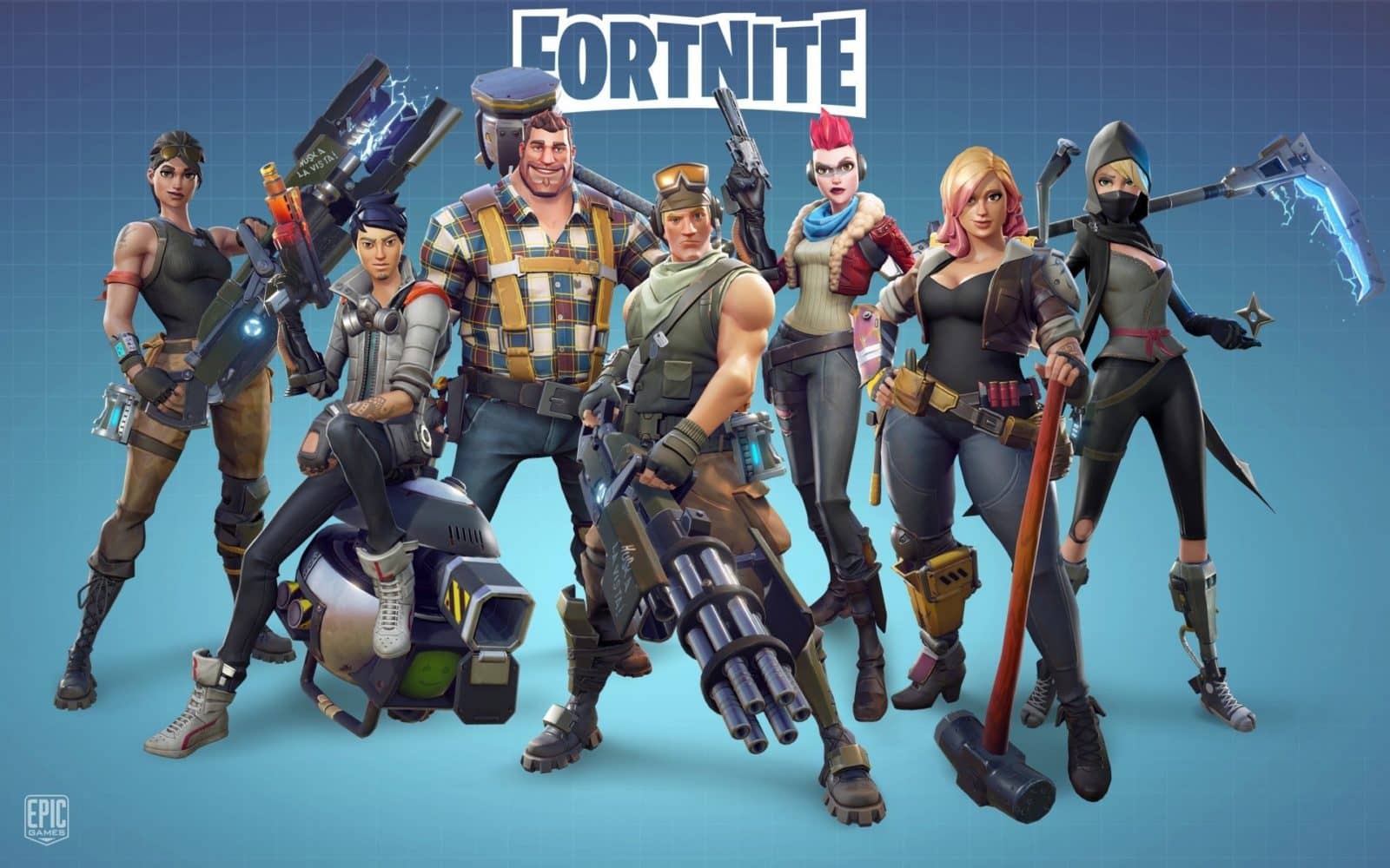 Promotional artwork showing a line-up of Fortnite video game characters.