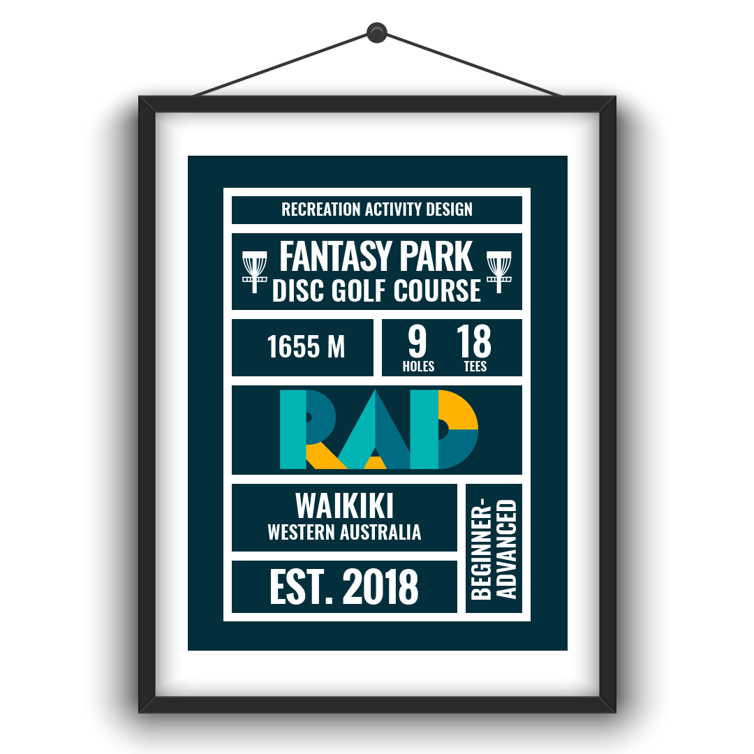 Framed RAD course poster for Fantasy Park Disc Golf Course, Waikiki, Western Australia: 1655 metres, 9 holes, 18 tees, established 2018, beginner to advanced.