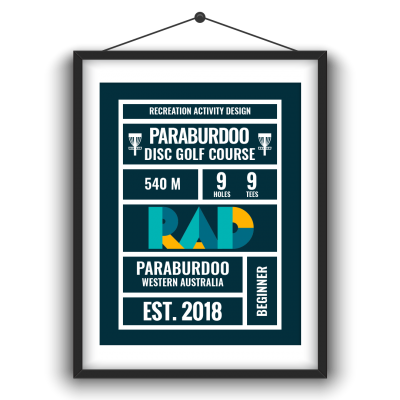 Framed RAD course poster for Paraburdoo Disc Golf Course, Western Australia: 540 metres, 9 holes, 9 tees, established 2018, beginner level.