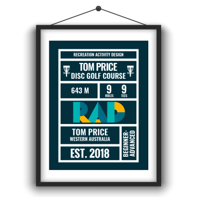 Framed RAD course poster for Tom Price Disc Golf Course, Western Australia: 643 metres, 9 holes, 9 tees, established 2018, beginner to advanced.