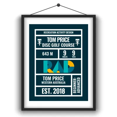 Framed RAD course poster for Tom Price Disc Golf Course, Western Australia: 643 metres, 9 holes, 9 tees, established 2018, beginner to advanced.