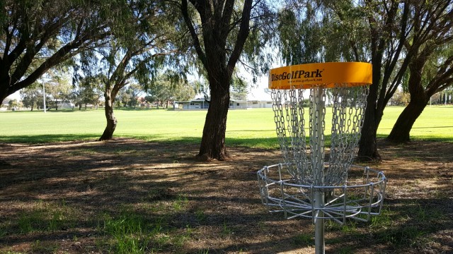 A disc golf basket standing among mature trees on mown parkland.