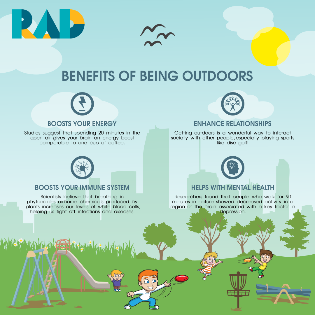 RAD infographic on the benefits of being outdoors: boosts your energy, enhances relationships, boosts your immune system and helps with mental health.
