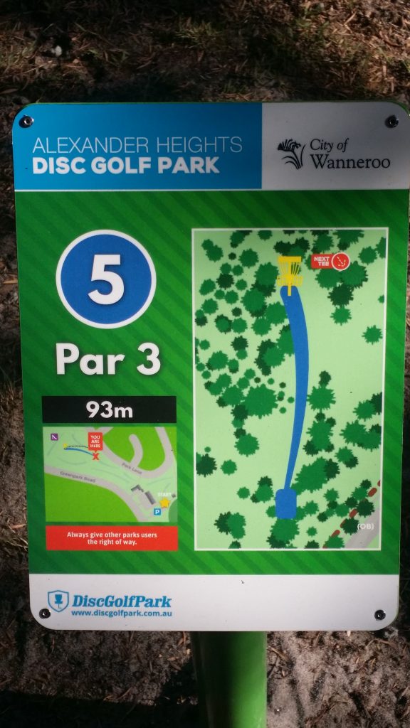 A tee sign at Alexander Heights Disc Golf Park for hole 5, par 3, 93 metres, with a diagram of the hole.