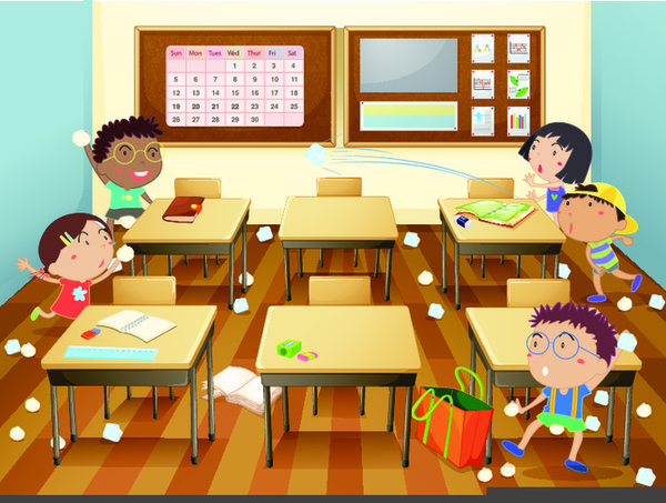 Cartoon illustration of children throwing paper balls across a classroom.