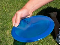 A power grip on a blue disc seen from above, the fingers curled under the rim.