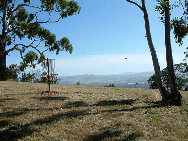 A disc golf basket on a grassy hillside among gum trees, with distant hills beyond.