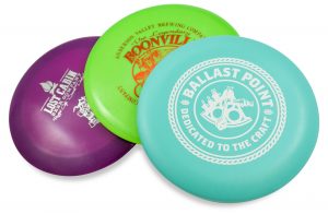 Three custom stamped discs promoting Lost Cabin, Boonville Brewing and Ballast Point breweries.