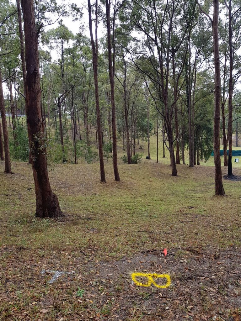 A yellow tee marker set into the ground among tall straight trees in open bushland.