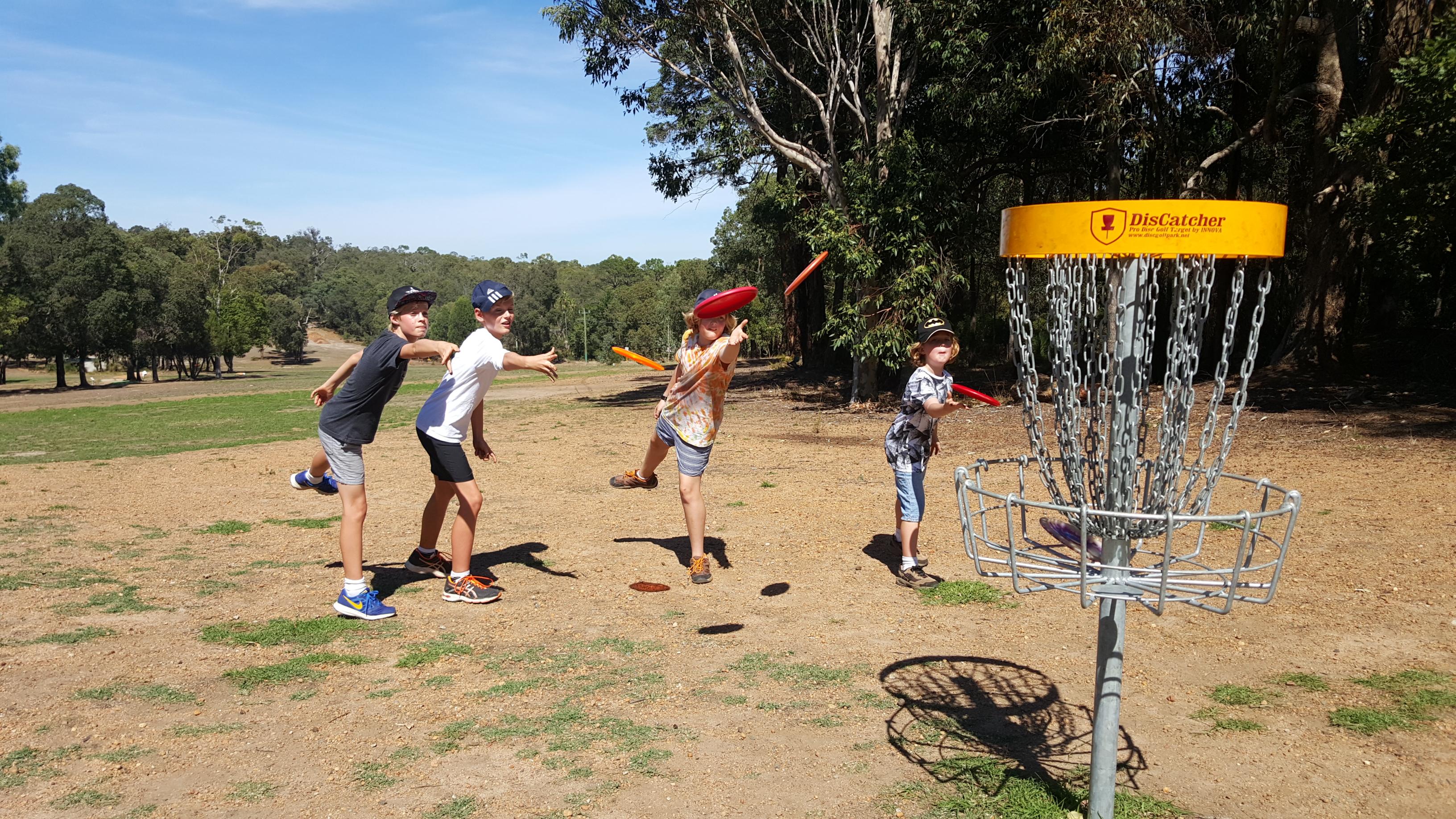 Several players throwing towards a basket on a dry course among gum trees.