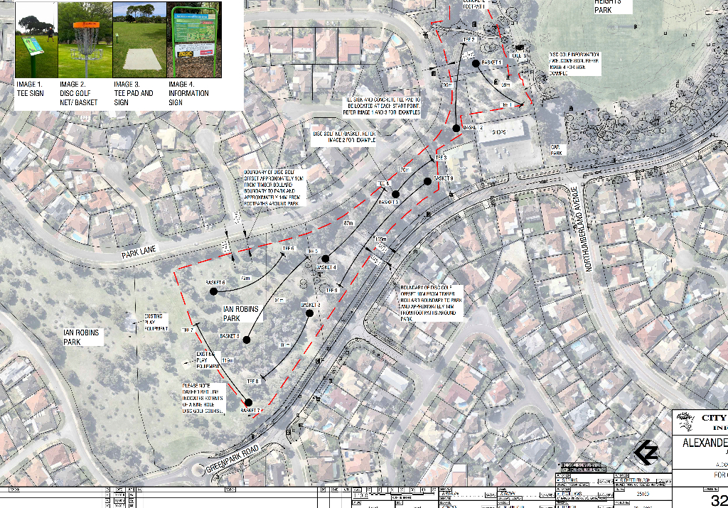 A site plan overlaying a disc golf course route on an aerial photograph of a suburb, annotated with tee, basket and signage locations.