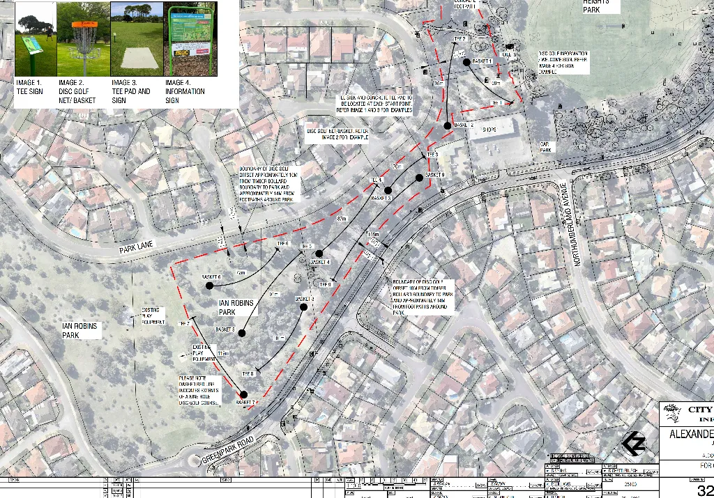 A site plan overlaying a disc golf course route on an aerial photograph of a suburb, annotated with tee, basket and signage locations.
