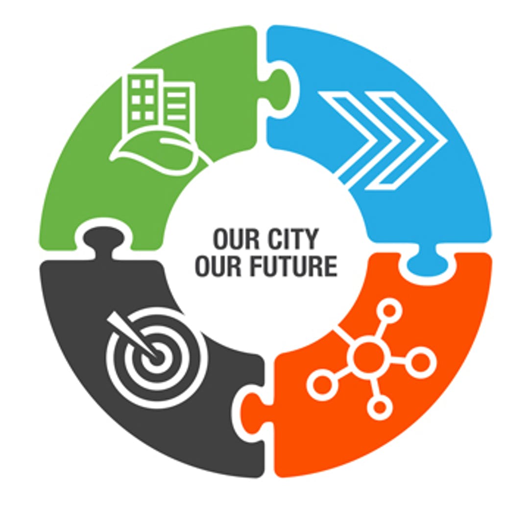 A circular puzzle infographic titled Our City Our Future, with icons for planning, direction, targets and connection.
