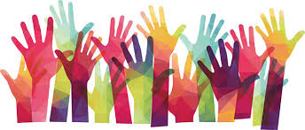 An illustration of many raised hands in bright overlapping colours.
