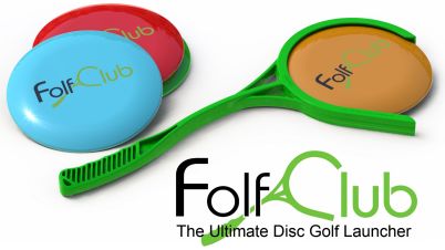 FolfClub product photo showing coloured discs and their handheld launchers, captioned the ultimate disc golf launcher.