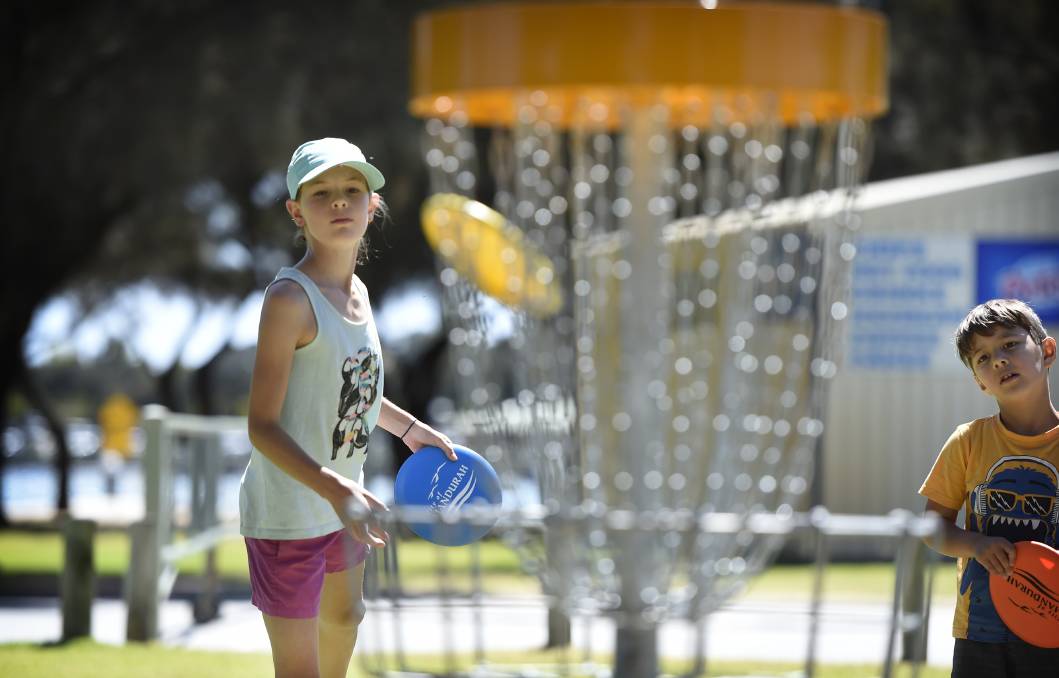 A girl and a boy standing close beside a disc golf basket.