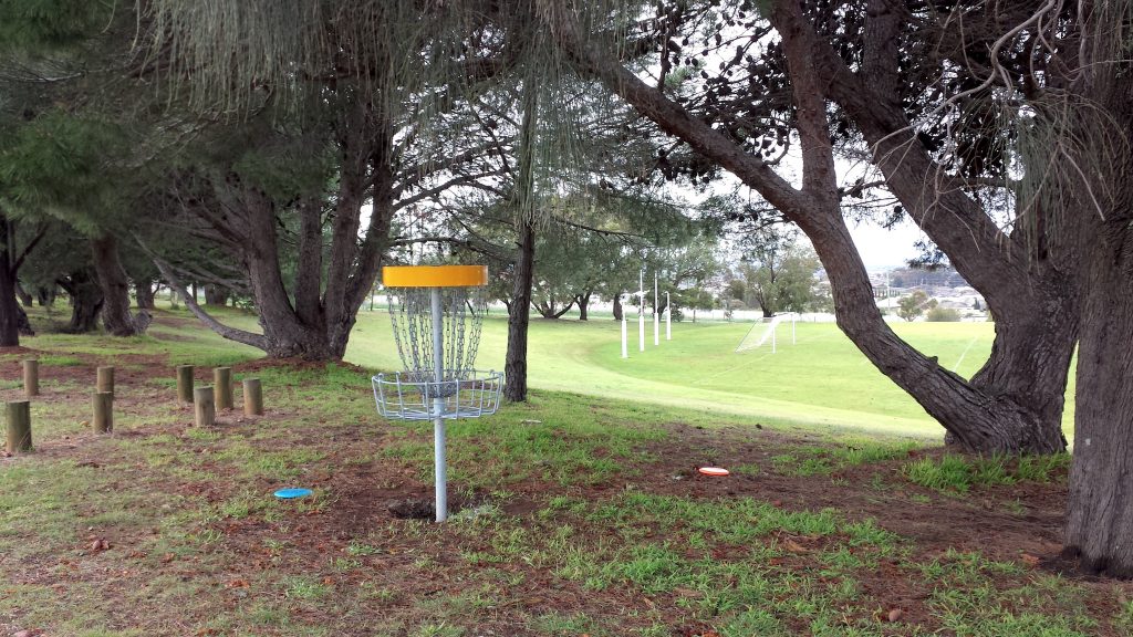 A disc golf basket beneath pine trees beside a sports field, with log seating nearby.