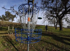 A blue disc golf basket on a grassy hillside among bare trees, a disc in flight towards it.