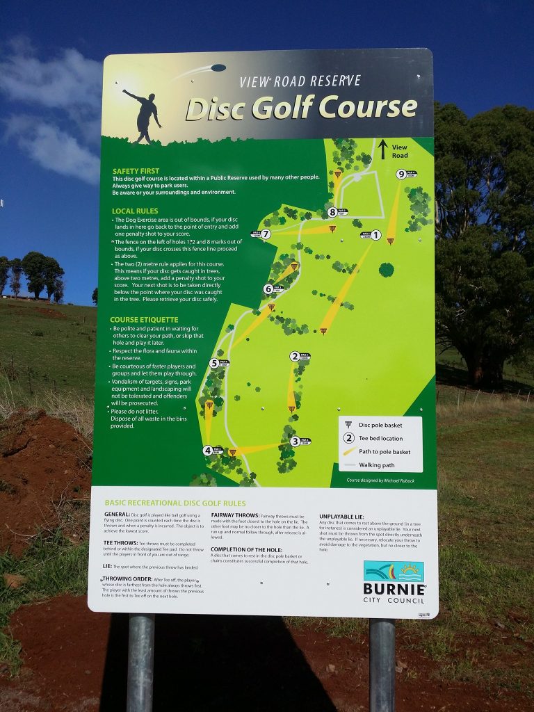 Information sign for the View Road Reserve Disc Golf Course, Burnie City Council, showing the course map and etiquette.