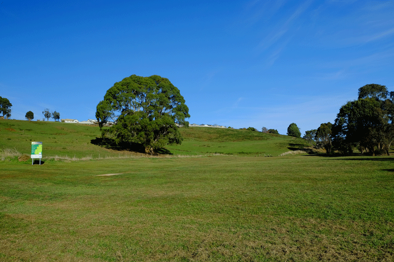 A green fairway rising towards trees under a clear blue sky, a tee sign at the edge.