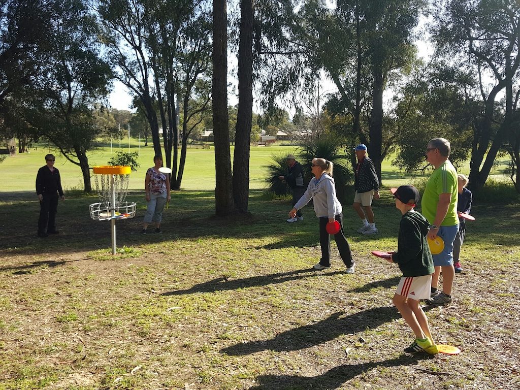 Families playing disc golf around a basket among gum trees.