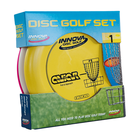 An Innova boxed disc golf starter set containing a driver, midrange and putter.
