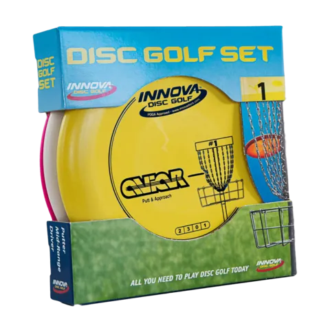 An Innova boxed disc golf starter set containing a driver, midrange and putter.