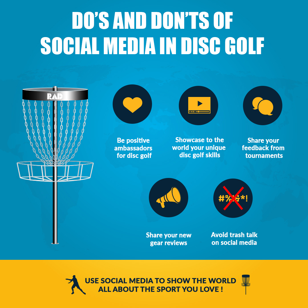 Infographic on the dos and donts of social media in disc golf: be a positive ambassador, showcase your skills, share feedback and gear reviews, and avoid trash talk.