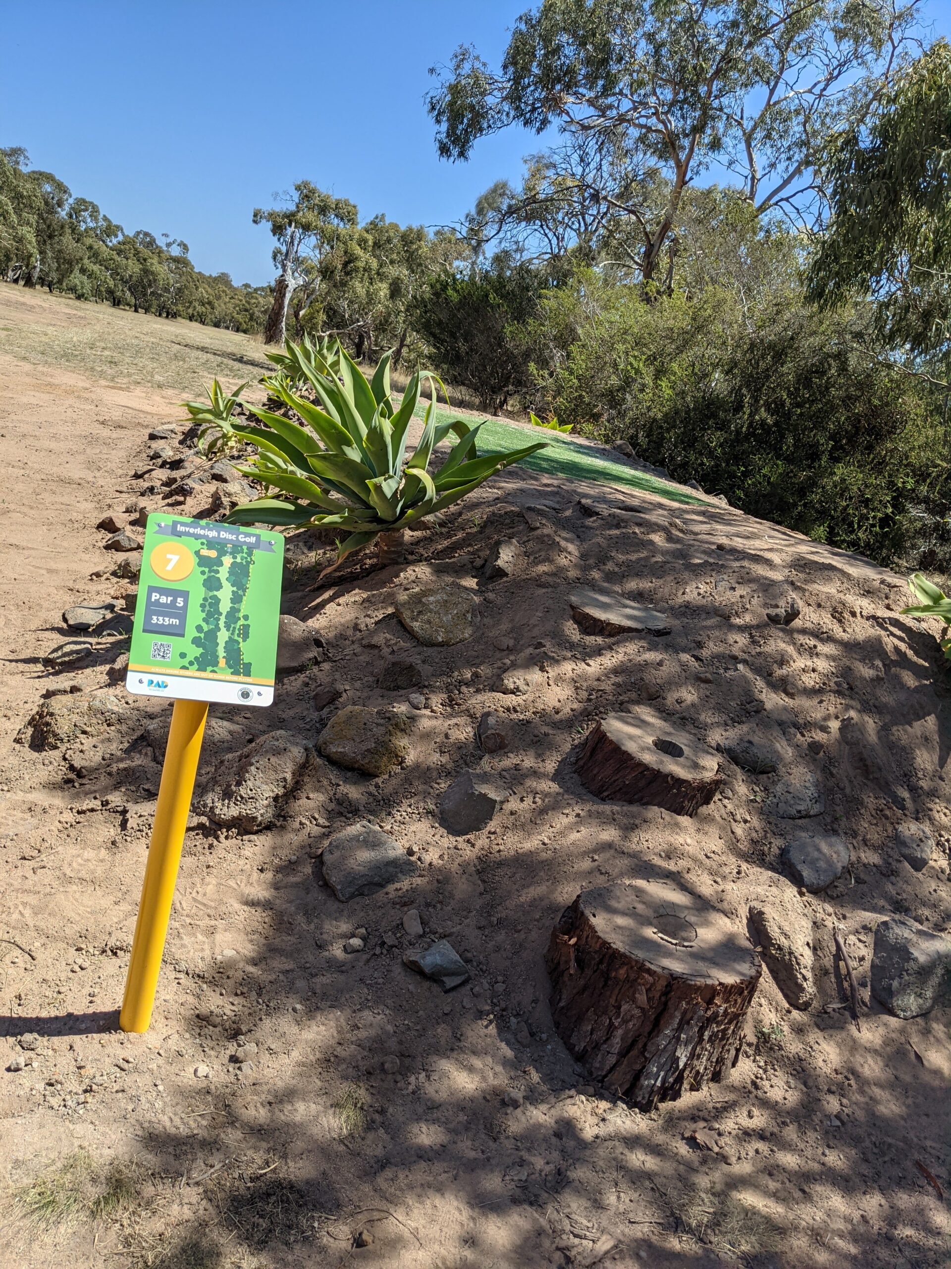 A tee pad built up on a mound with a tee sign, hillside paddocks beyond.