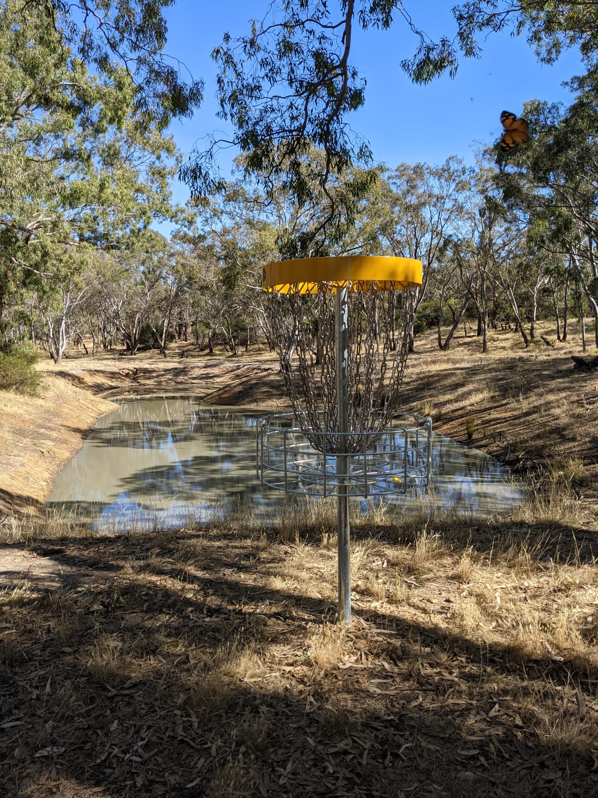 A yellow-topped disc golf basket beside a small dam.