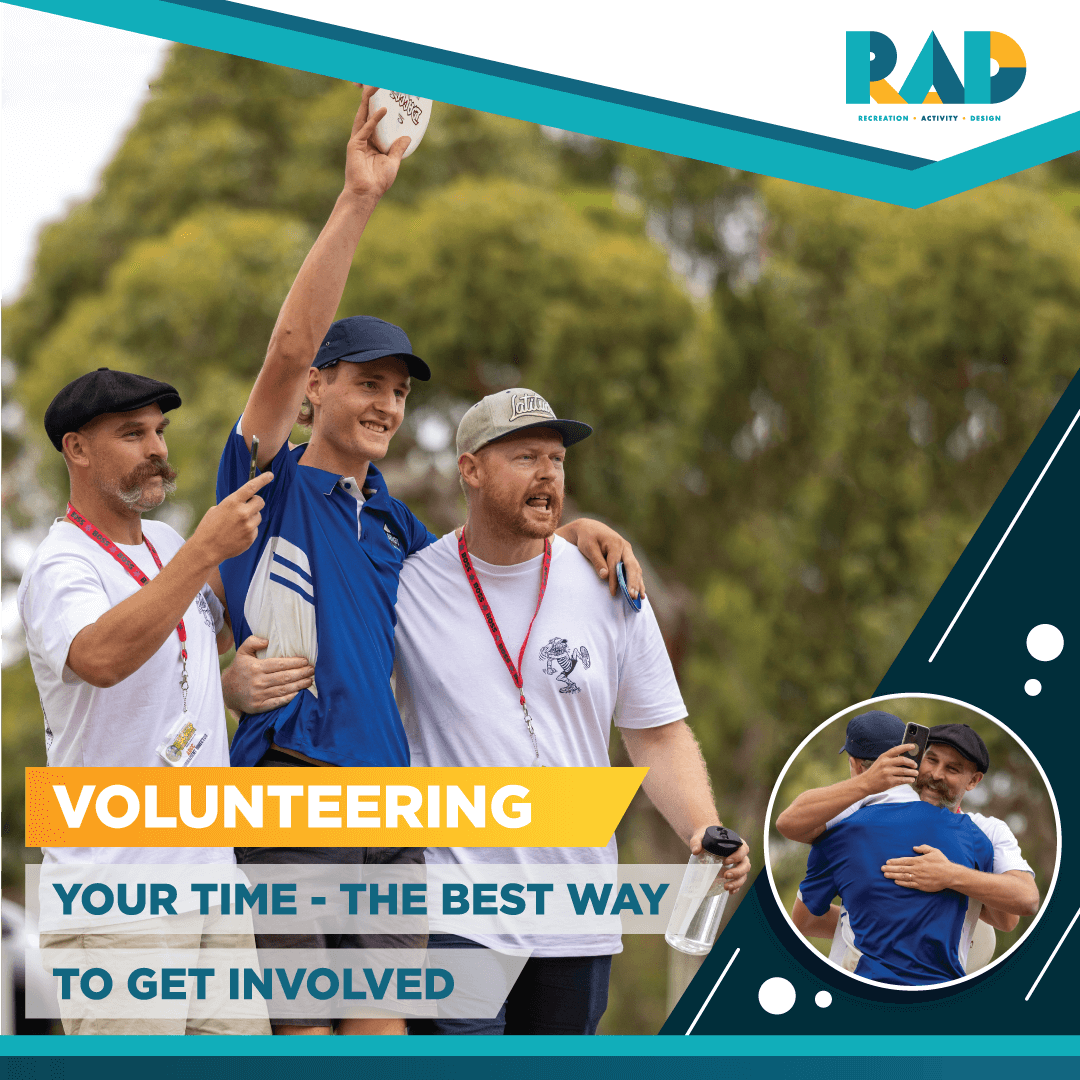 RAD social card titled volunteering your time, the best way to get involved, showing volunteers celebrating at a tournament.