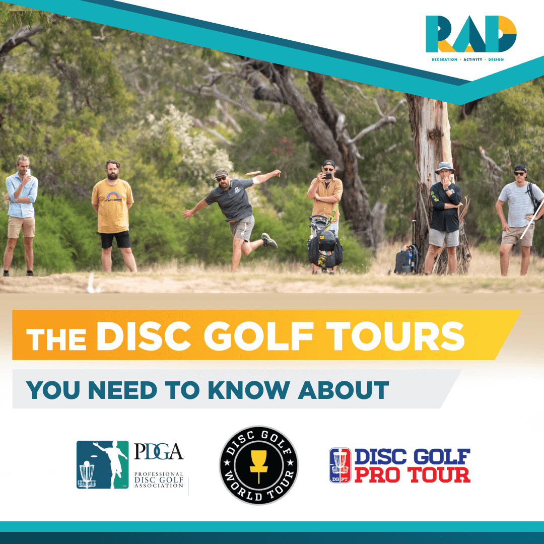 RAD social card titled the disc golf tours you need to know about, showing the PDGA, Disc Golf World Tour and Disc Golf Pro Tour logos.