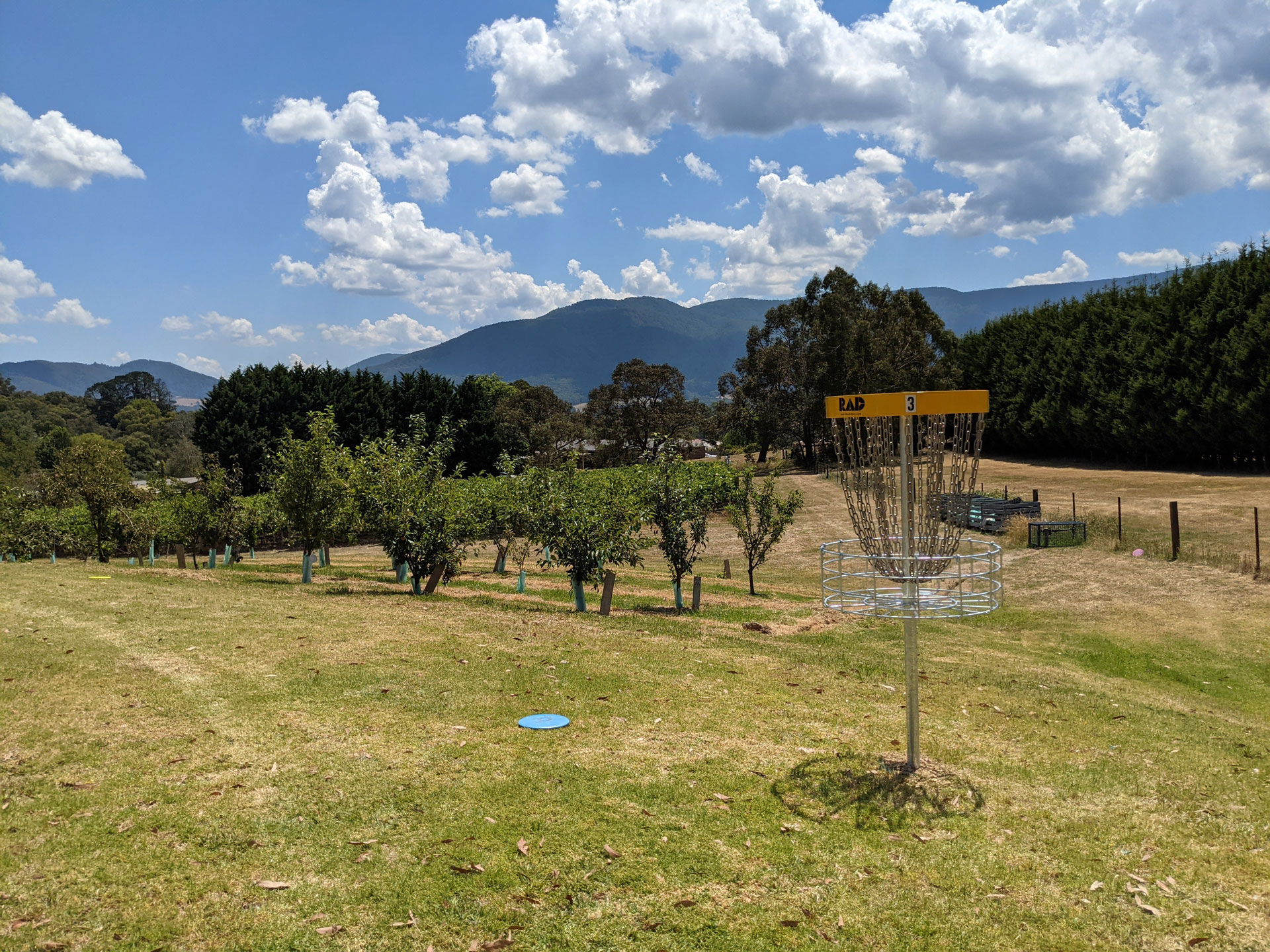 A disc golf basket on a school playing field with hills rising beyond.