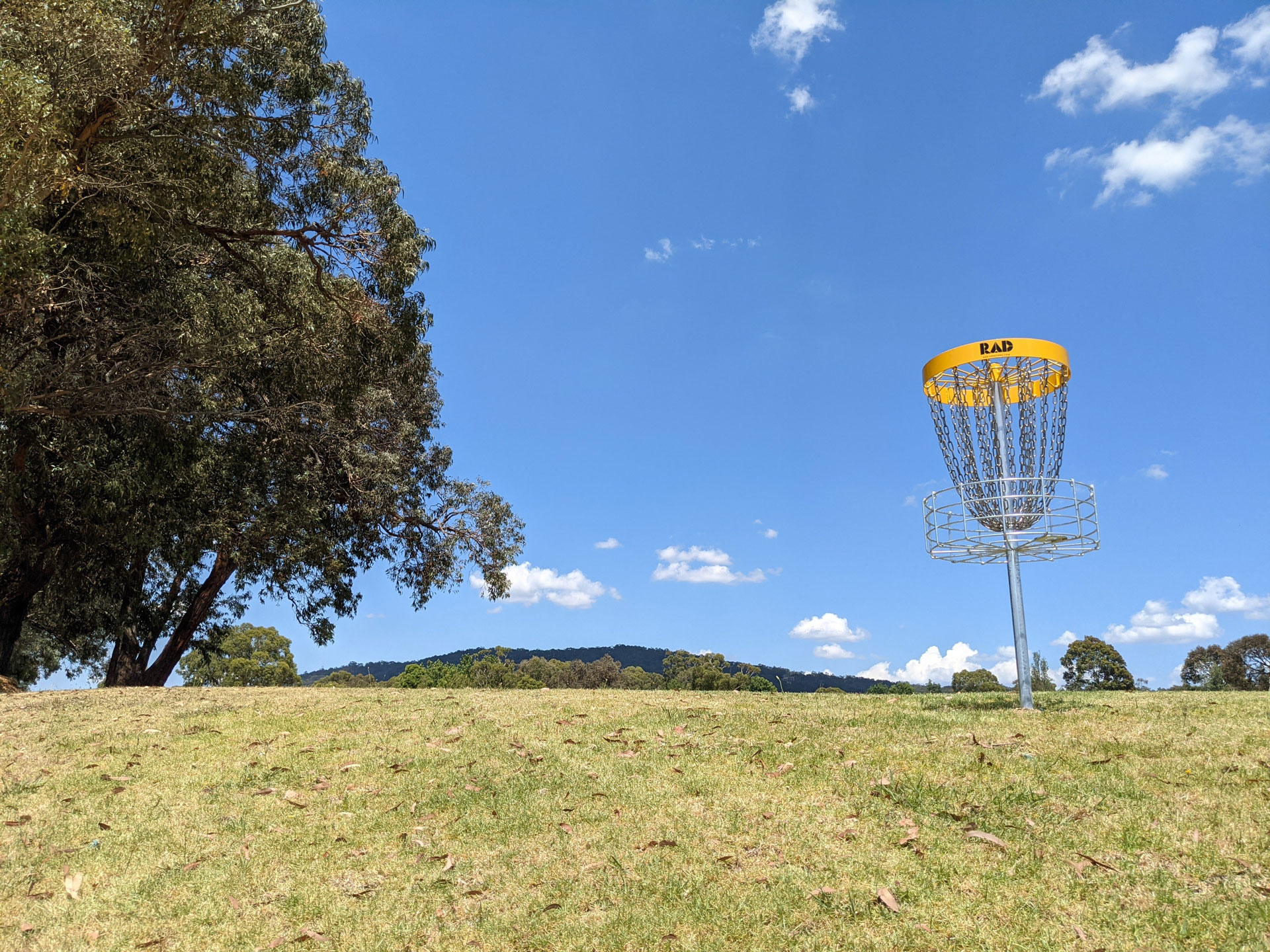 A RAD disc golf basket on a grassy rise with wooded hills behind.