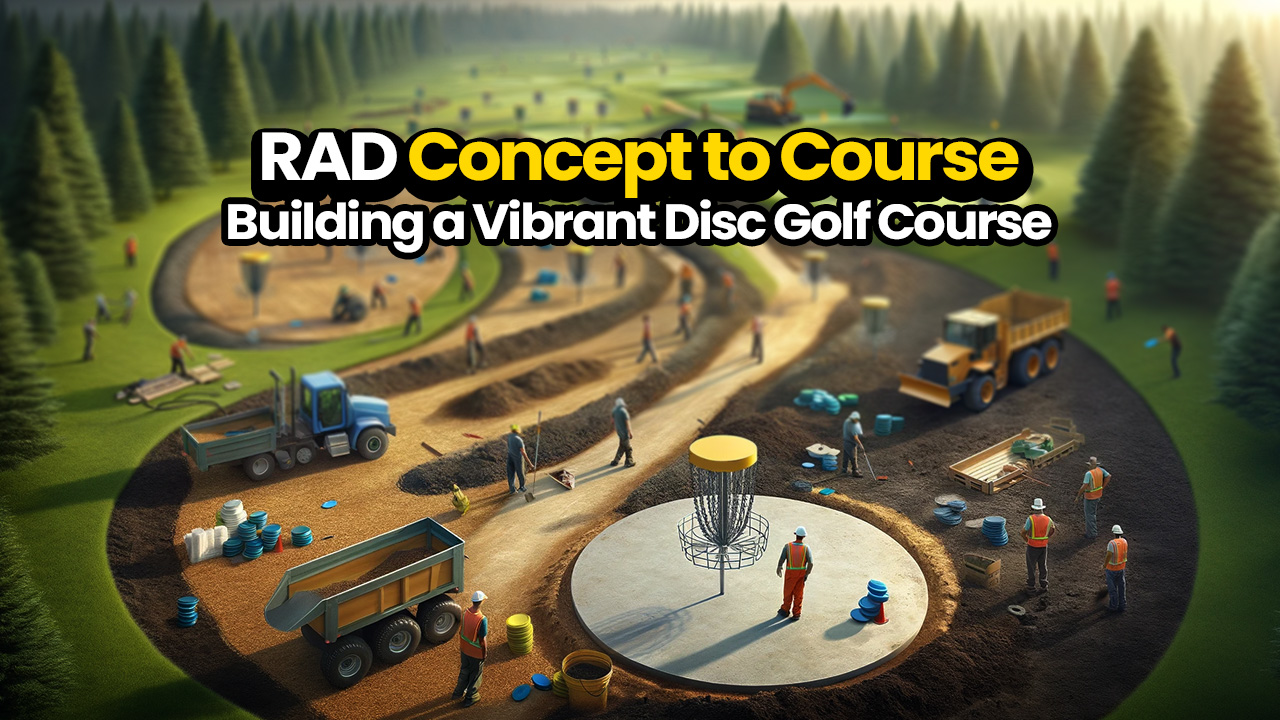 Illustrated banner titled RAD concept to course, building a vibrant disc golf course, showing machinery and crews shaping a new course.