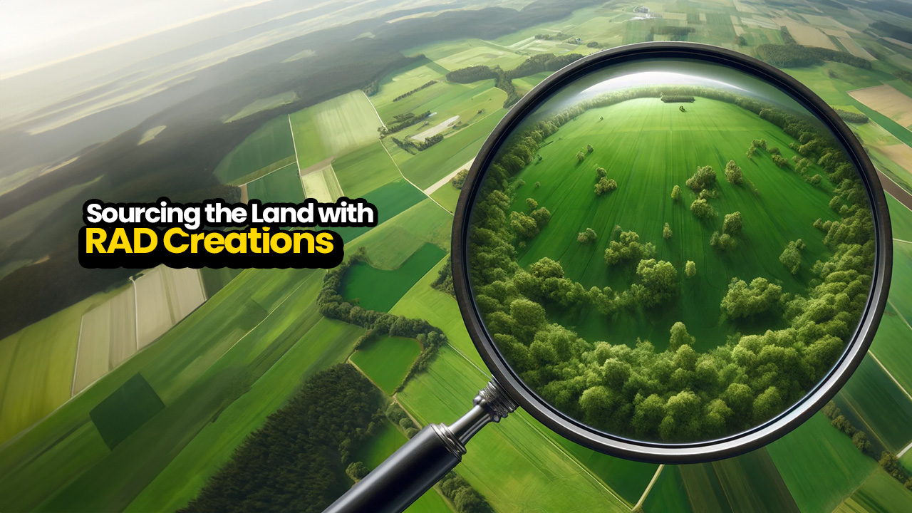 Illustrated banner titled sourcing the land with RAD Creations, showing a magnifying glass over an aerial view of open farmland.