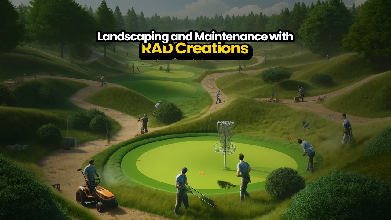 Illustrated banner titled landscaping and maintenance with RAD Creations, showing crews mowing and tending a green course.