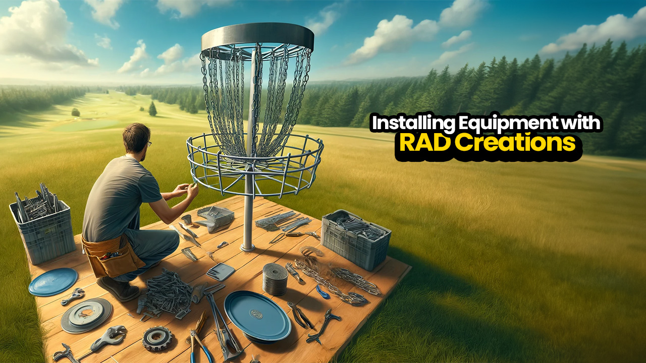 Illustrated banner titled installing equipment with RAD Creations, showing a worker assembling a basket with tools laid out.
