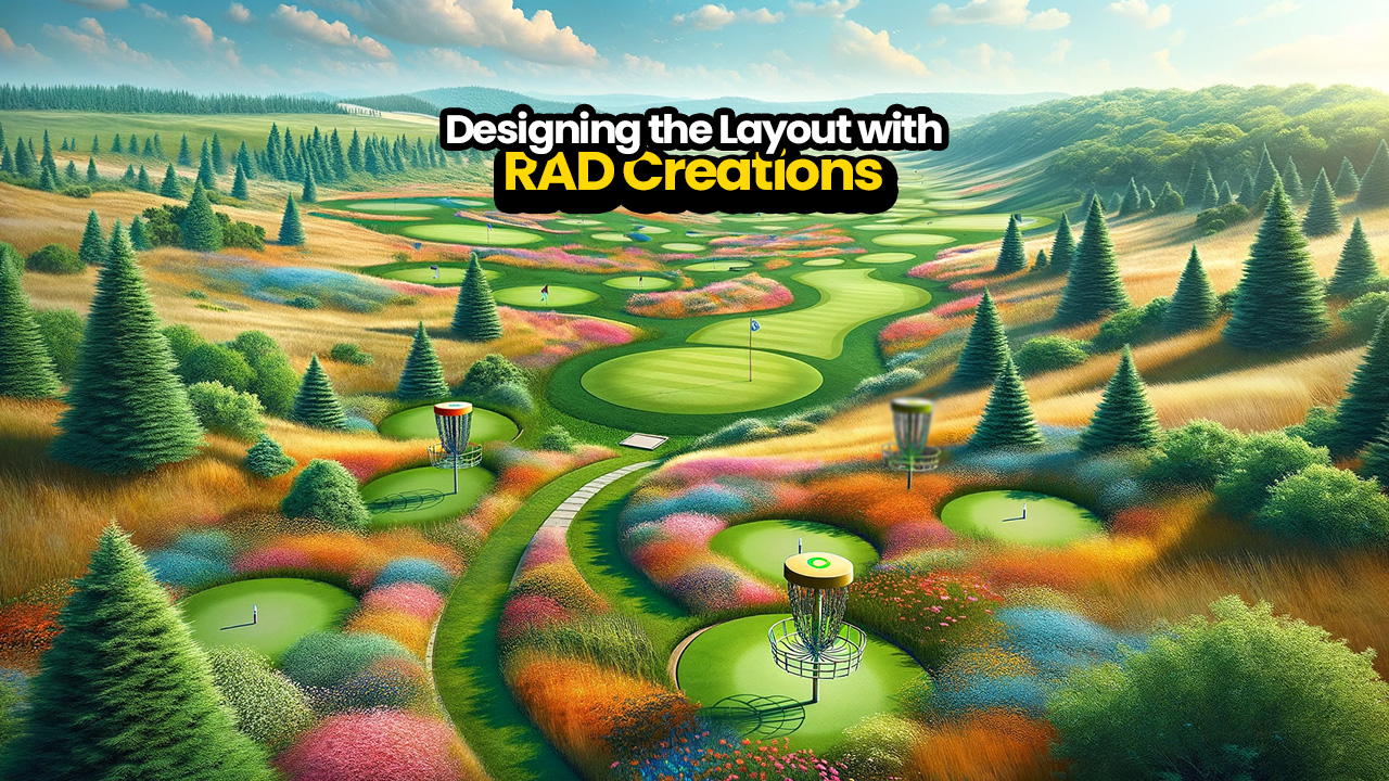 Illustrated banner titled designing the layout with RAD Creations, showing an aerial view of fairways winding between trees.
