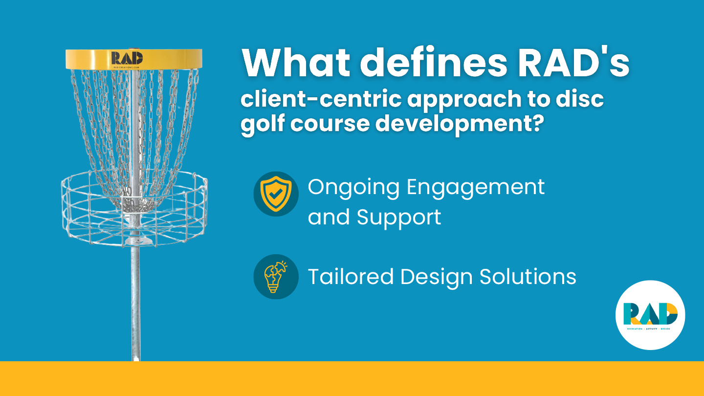 RAD card asking what defines RAD's client-centric approach to disc golf course development, answering ongoing engagement and support, and tailored design solutions.