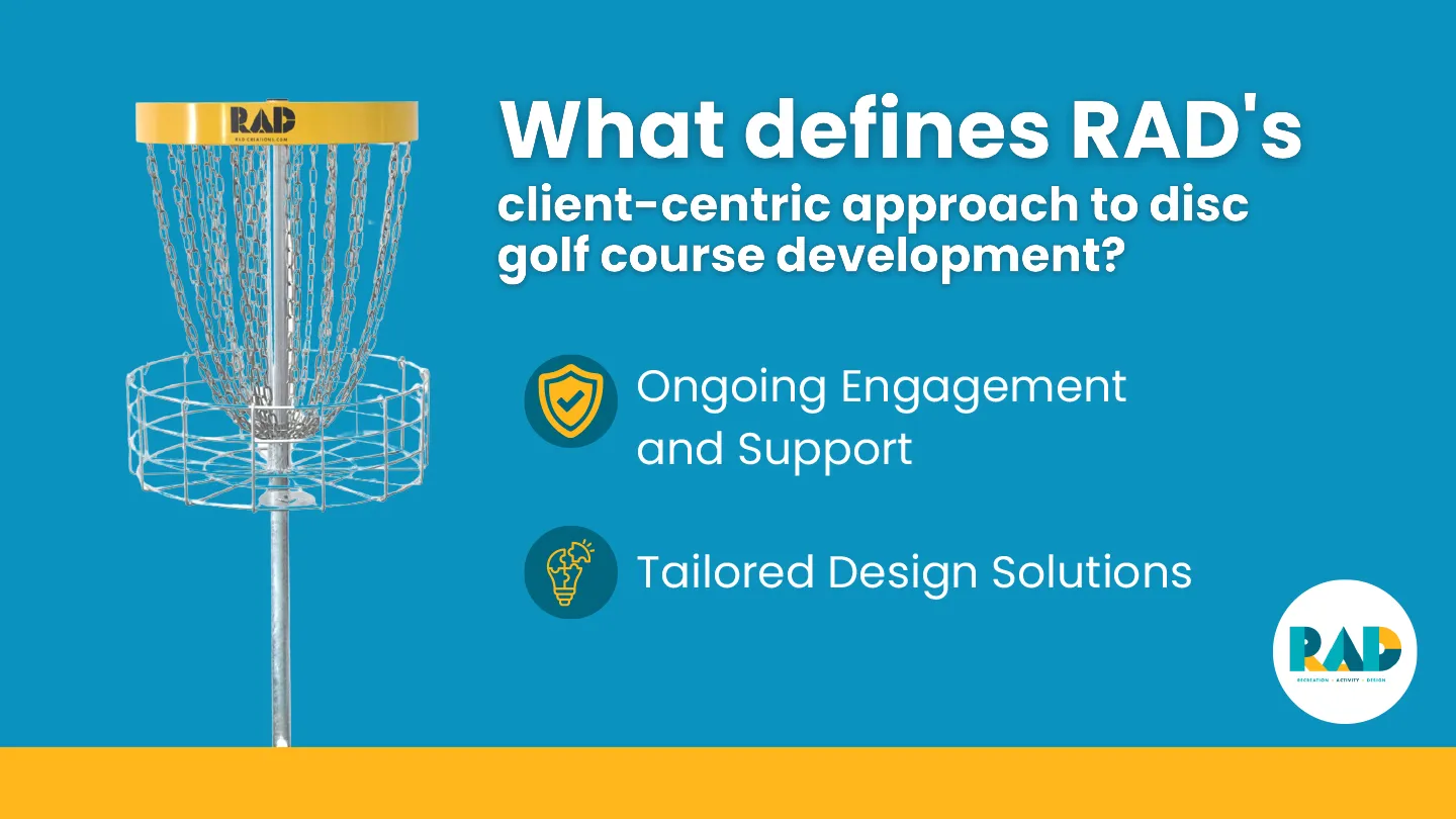 RAD card asking what defines RAD's client-centric approach to disc golf course development, answering ongoing engagement and support, and tailored design solutions.