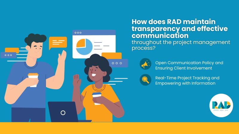 RAD card on transparency and communication, listing an open communication policy and real-time project tracking.